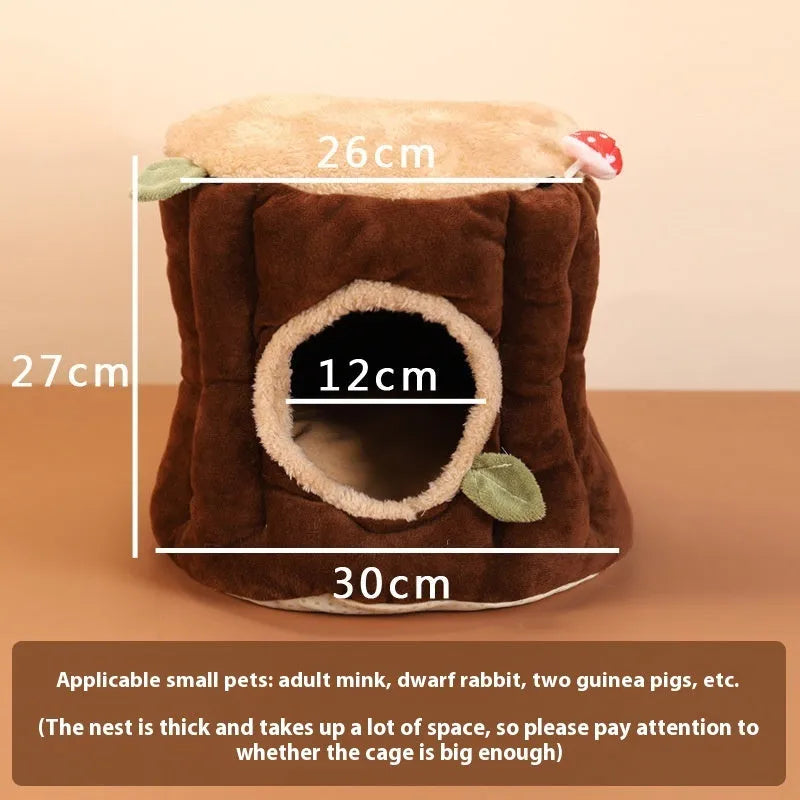 Brown cloth rabbit stump nest pet bed shown in small, medium, and large sizes.