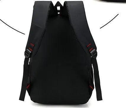 Blue Oxford fabric school backpack with padded black shoulder straps and side pockets.