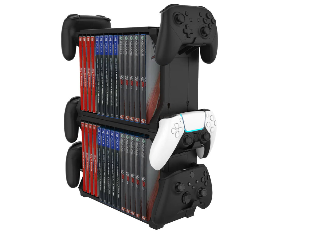 Black PS5 and Xbox Series X disc holder with game cartridge slots and controller storage
