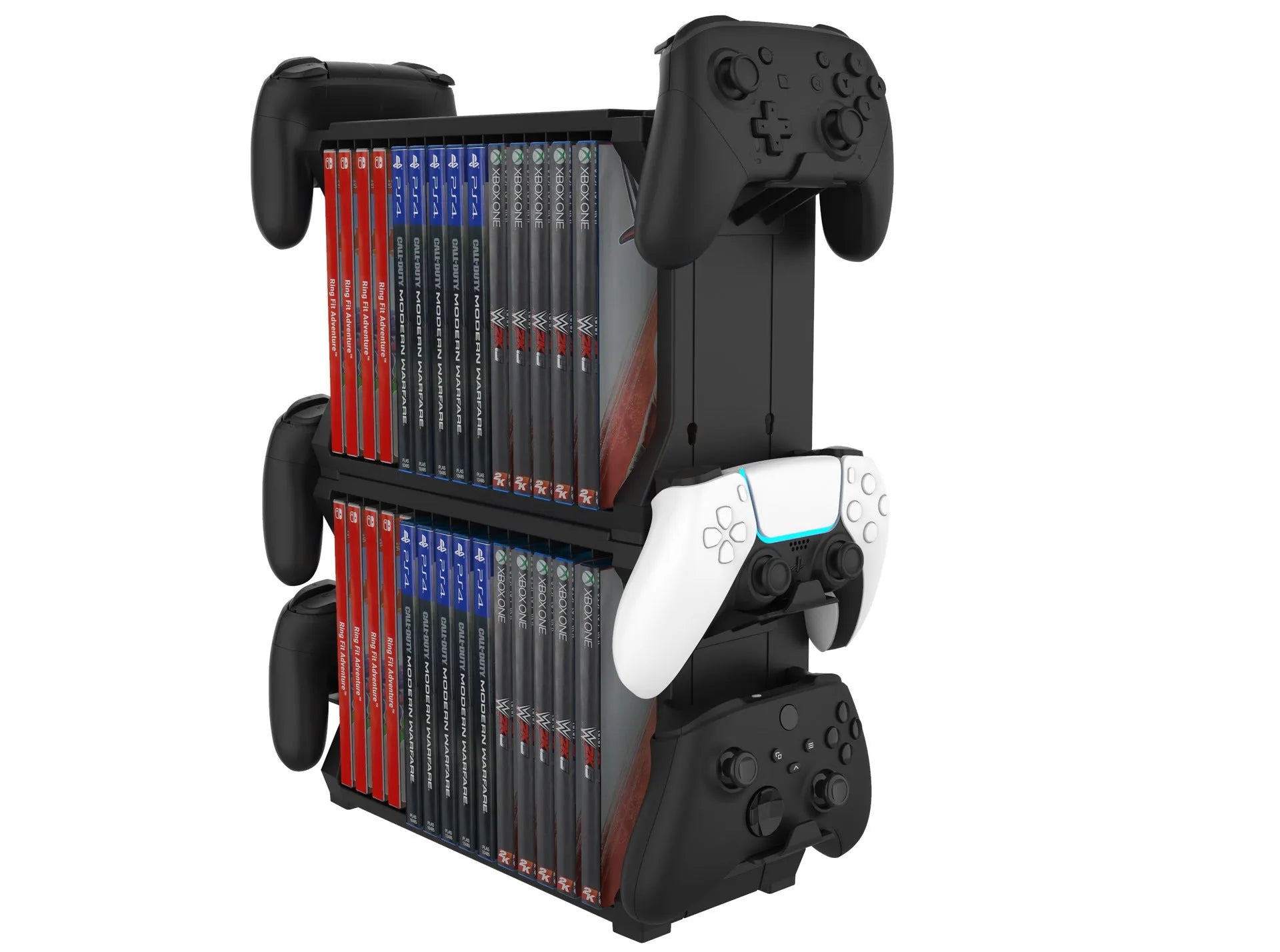 Black PS5 and Xbox Series X disc holder with game cartridge slots and controller storage