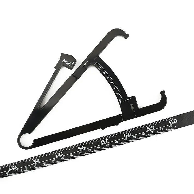 Black ABS plastic body fat calliper skinfold measuring tool on a 1.5 metre cord.