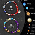 Set of two natural stone beaded bracelets showing zodiac sign charms on a white background.
