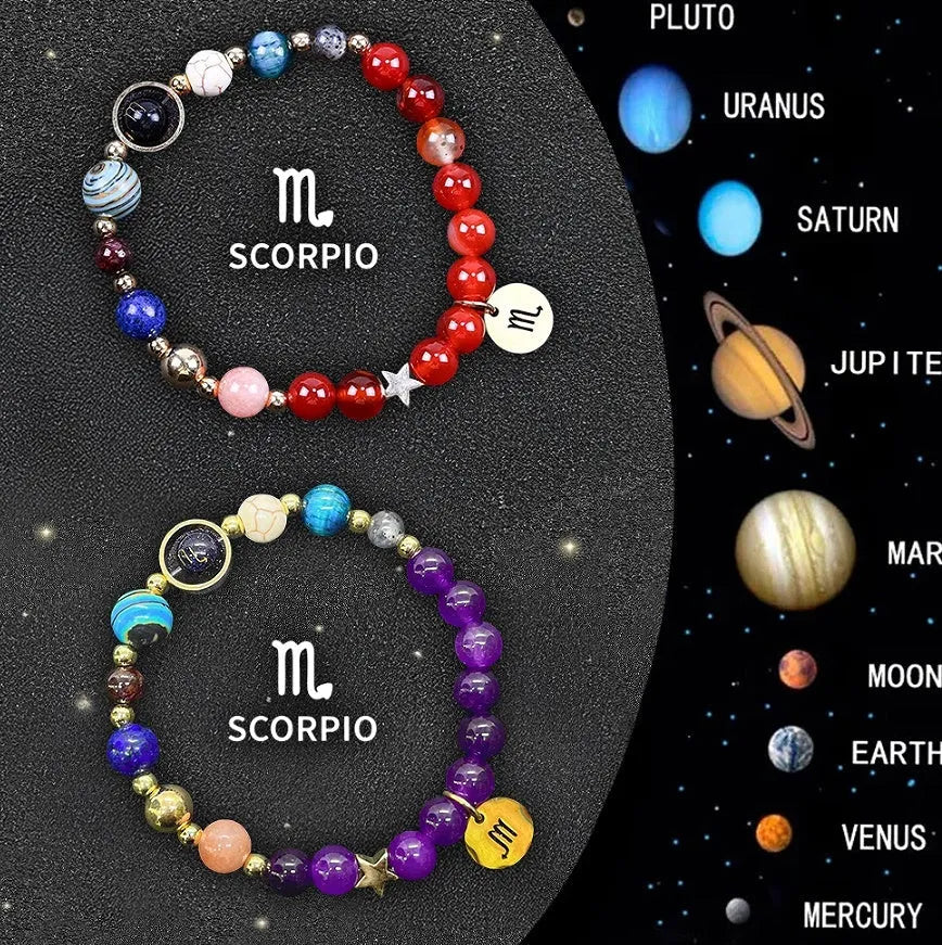 Set of two natural stone beaded bracelets showing zodiac sign charms on a white background.