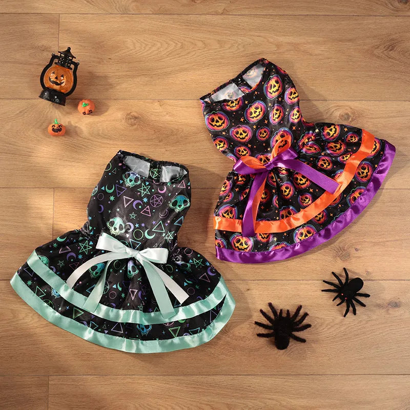 Colourful Halloween dog skirt with pumpkin or skull print on a pet.
