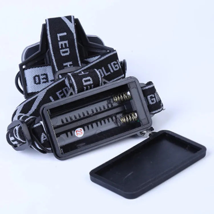 Outdoor headlamp showing long-range LED light beam and head-mounted design