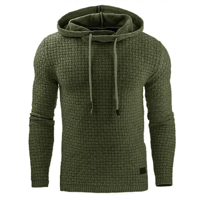 A men's hoodie sweater in a cotton and polyester blend, shown in one of nine available colours.