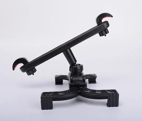 Black universal rotating tablet holder mounted on a car headrest, showing adjustable bracket.
