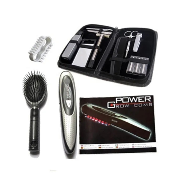 Black laser hair loss therapy comb with red and blue LED lights and massage attachment, 24cm length
