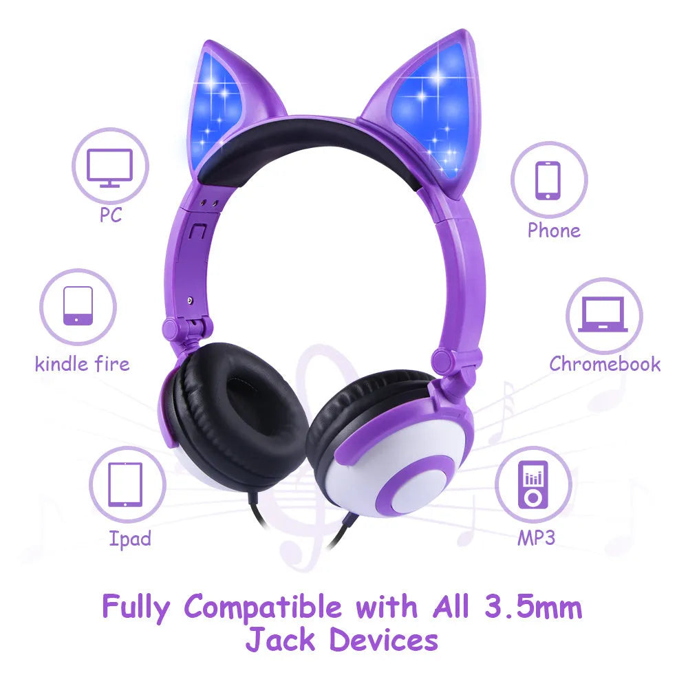 LED flashing cat ear headphones in Peach pink with ABS shell and wired 3.5mm connector