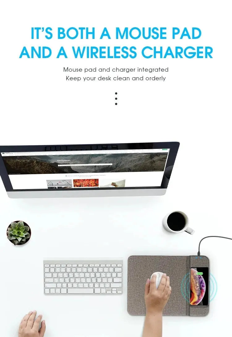 Black foldable fabric wireless charging phone holder standing upright on a desk.