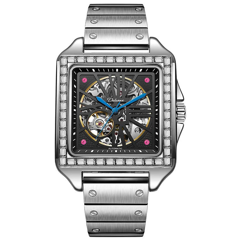 Men's square-faced automatic watch with diamond studs on a stainless steel bracelet.