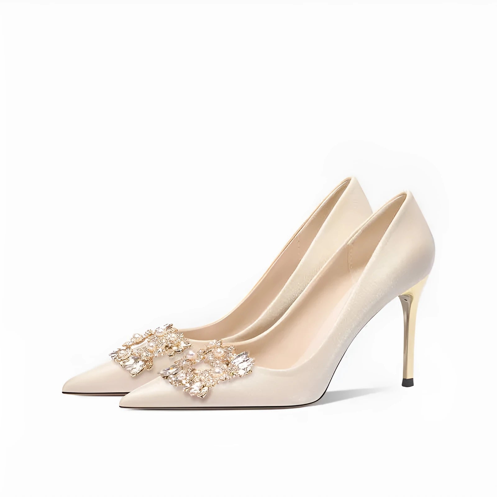 French crystal bridal high heel pumps with rhinestones, pointed toe, and choice of stiletto or cat heel.