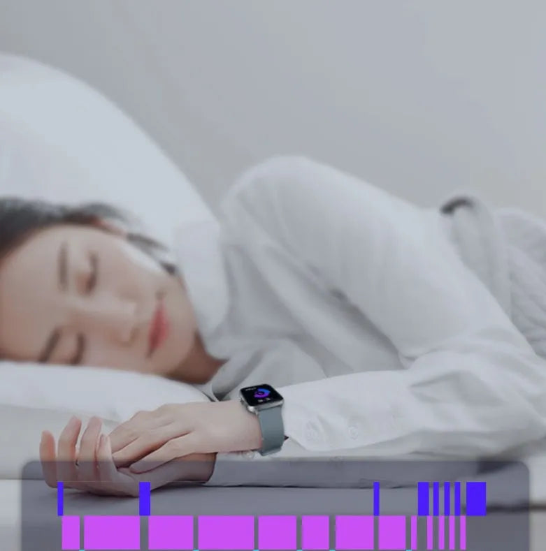 Smart watch with 1.7-inch colour touch screen showing fitness data, available in black, blue, or gold with adjustable strap