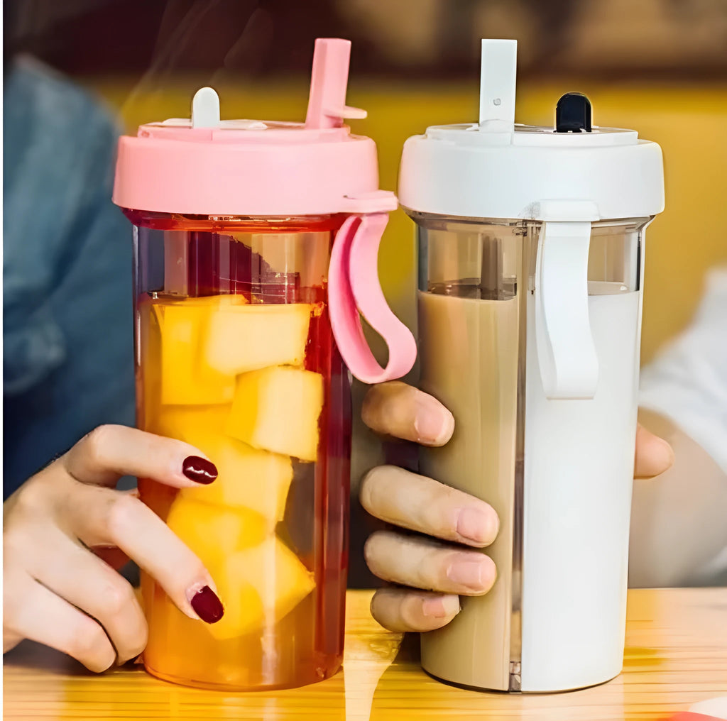 Double tube water bottle in plastic, 420ml and 600ml sizes, colours Blue, Green, Pink, and White