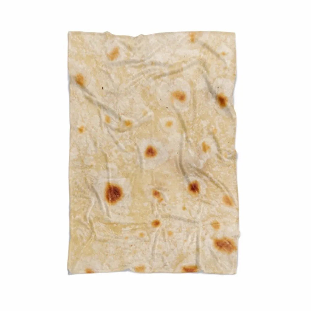 Round coral coloured flannel burrito blanket with a delicious print, shown folded.