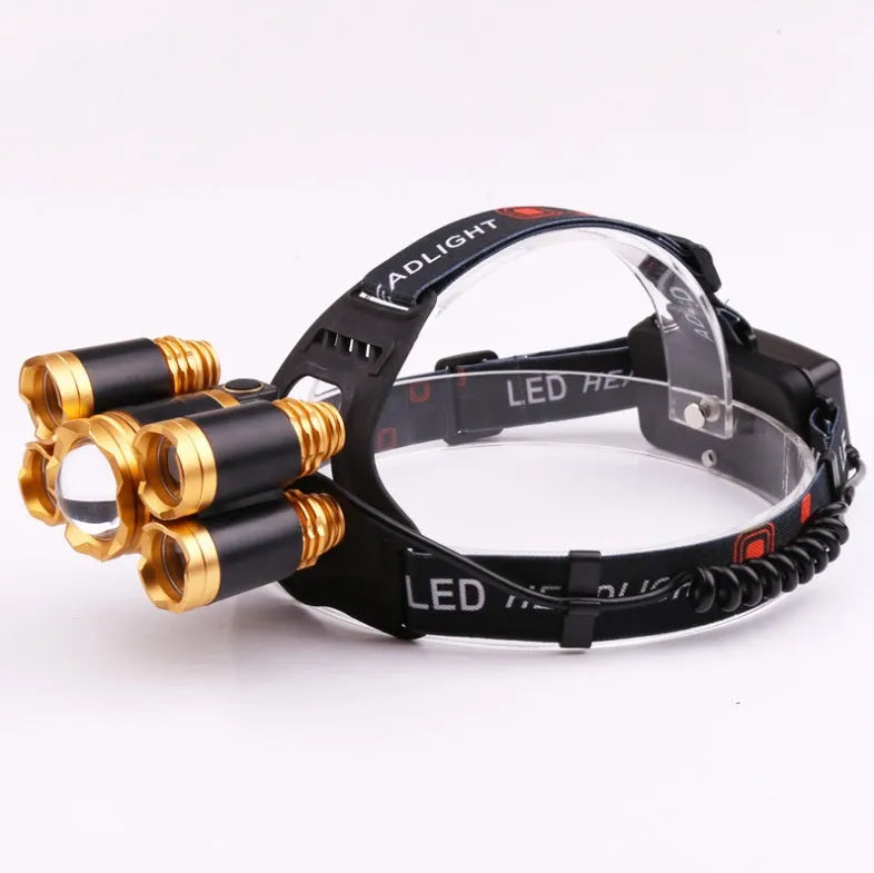 Gold or silver aluminium alloy head torch with adjustable focus and headband, shown with 18650 batteries.