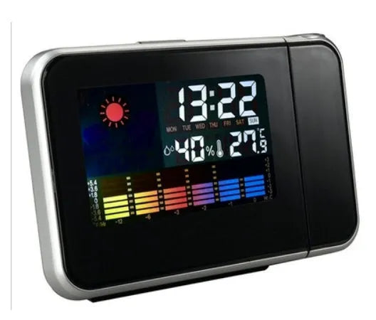 Home electronic clock with digital display and USB port, black plastic case, 16x6x12 cm size