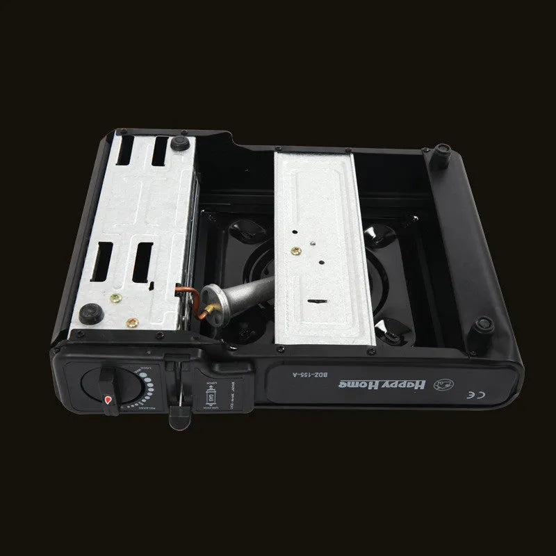Black portable cassette stove with electronic ignition, 340x280x115mm, shown with black plastic box for camping and BBQ use