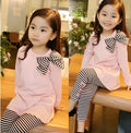 Pink cotton girls' clothing set shown in sizes from 110cm to 140cm