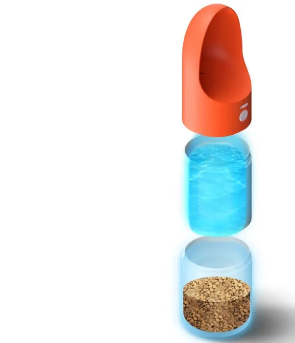 White and grey Moestar Rocket shaped pet water bottle with cup head and lock button.