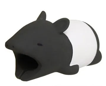 iPhone cable protector in an animal design, showing sleeve placed on charging cable near connector.