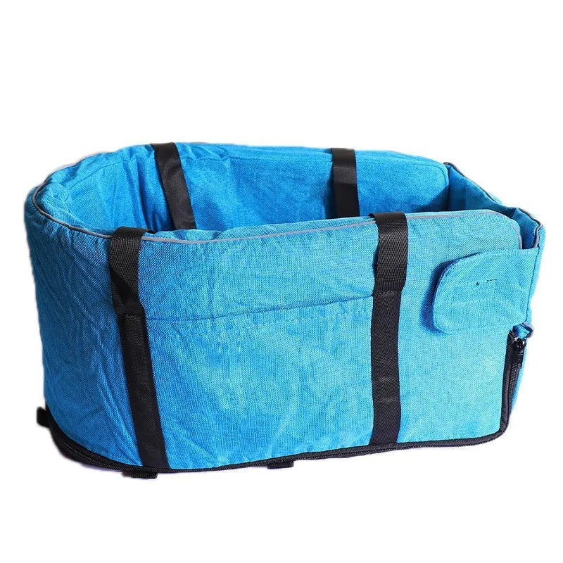 Portable grey cloth dog kennel for outdoor and car travel use.