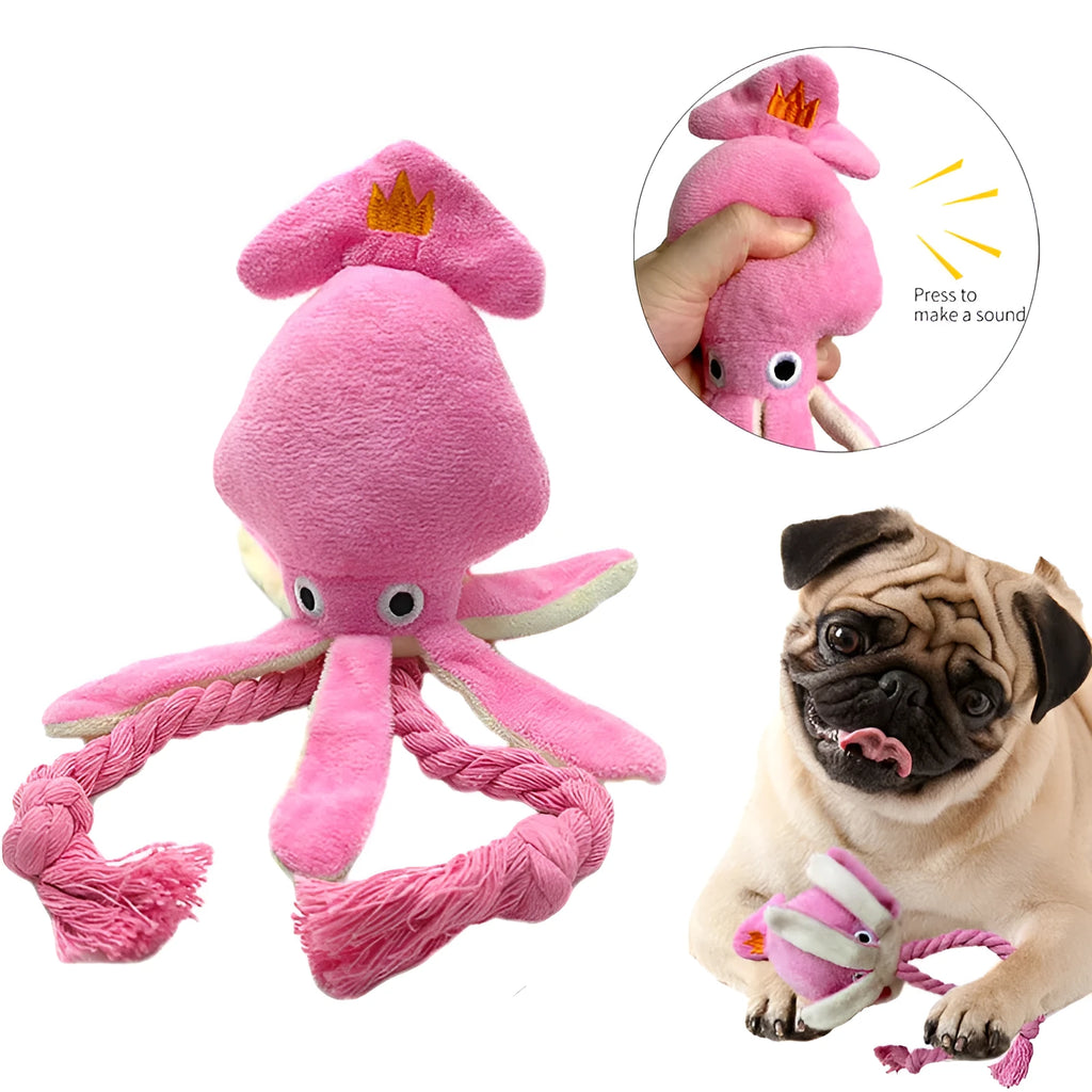 Pink squid-shaped corduroy dog chew toy with a squeaker.