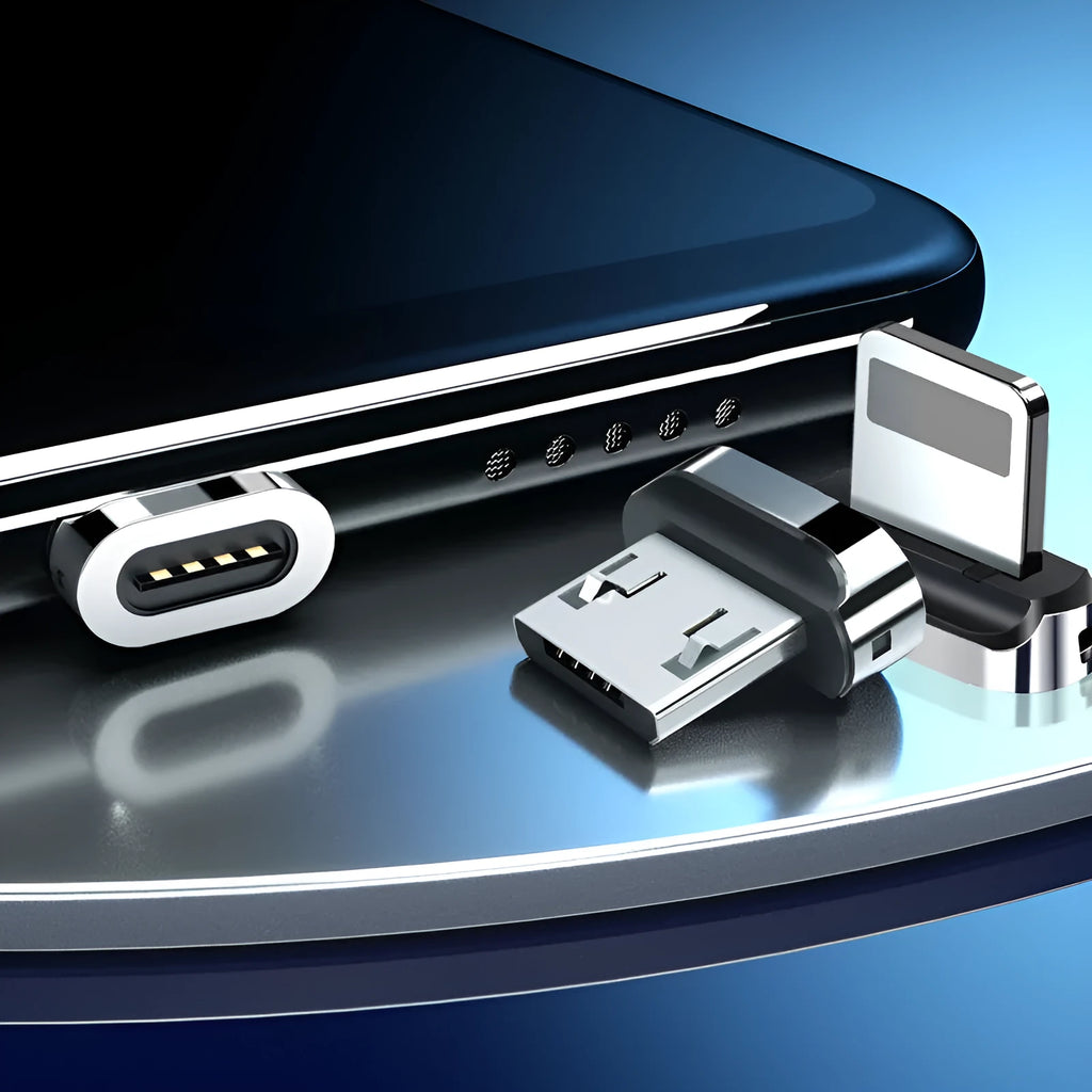 3A magnetic charging adapter with 0.2m main length in black and silver, for Android, iPhone and Type-C devices.