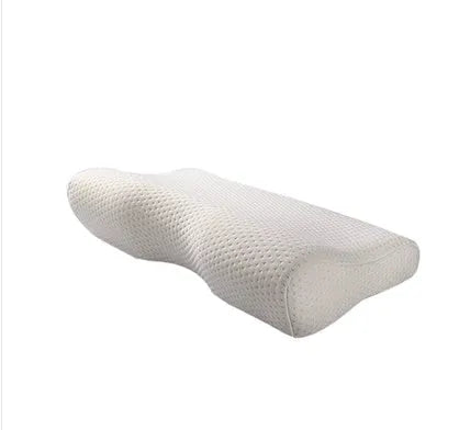 Blue butterfly-shaped cervical memory foam pillow showing contour design for neck support