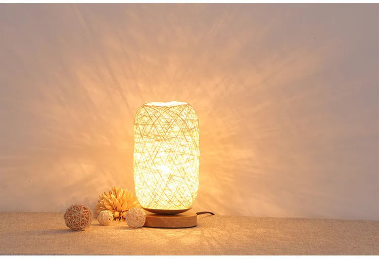 Woven hemp rope Sepak Takraw desk lamp with solid wood base and LED lighting