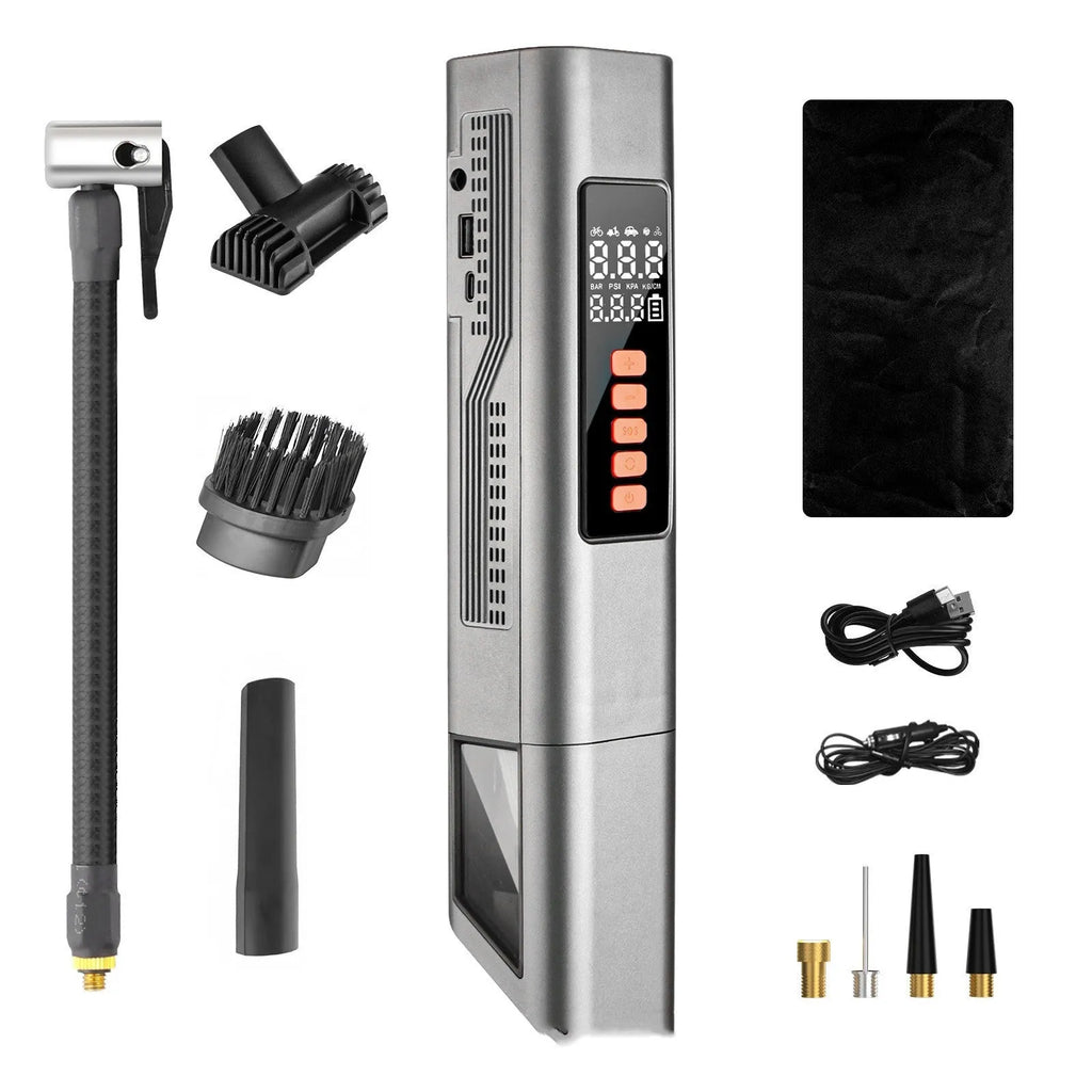 Wireless car tyre inflator with digital display showing pressure readings in multiple units