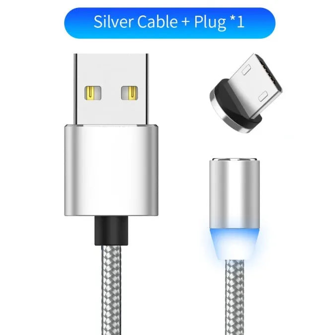 Black magnetic LED charging cable with aluminium shell and woven texture, showing LED light and connector.