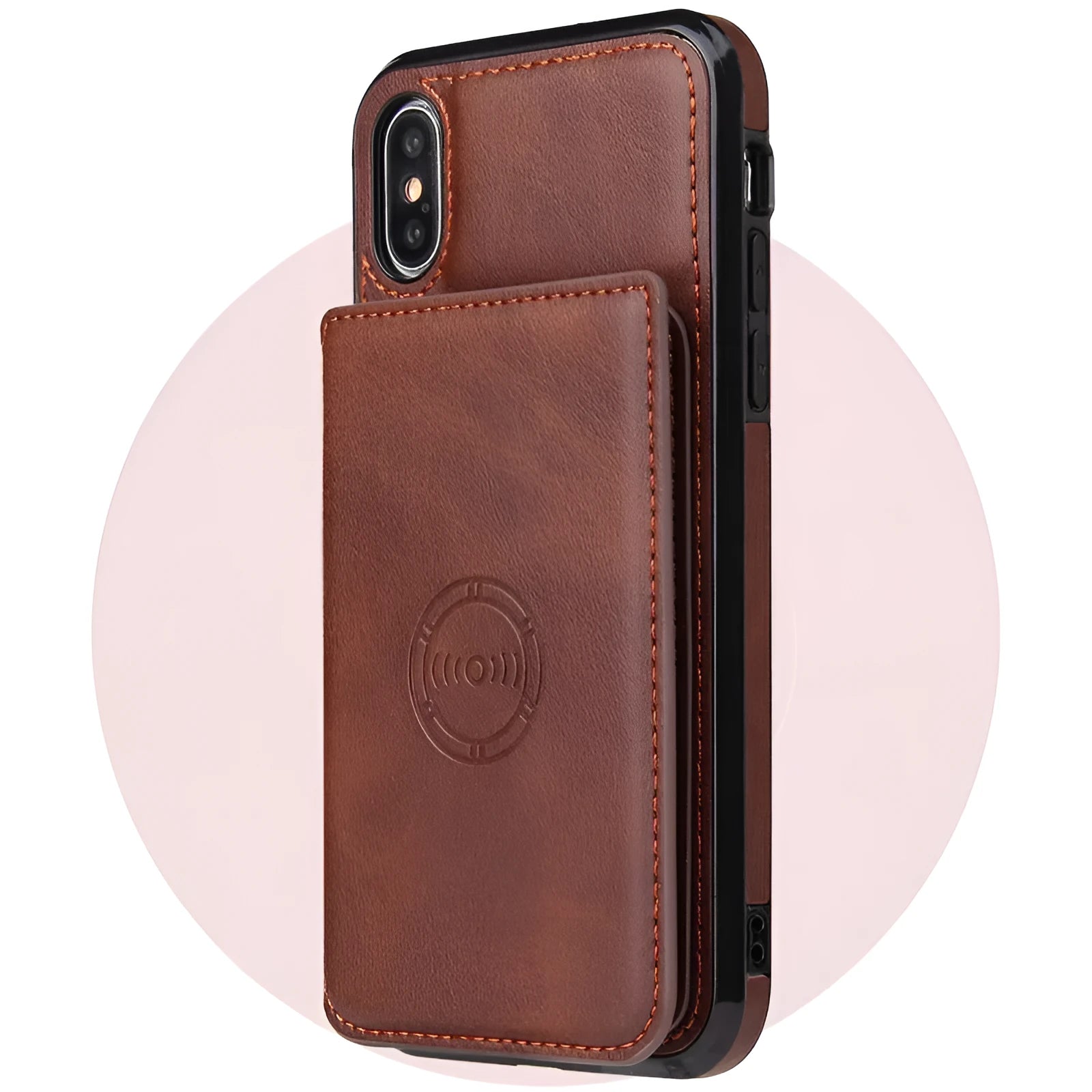 Imitation leather card wallet phone case for iPhone in solid colours like black and blue, showing card slot.