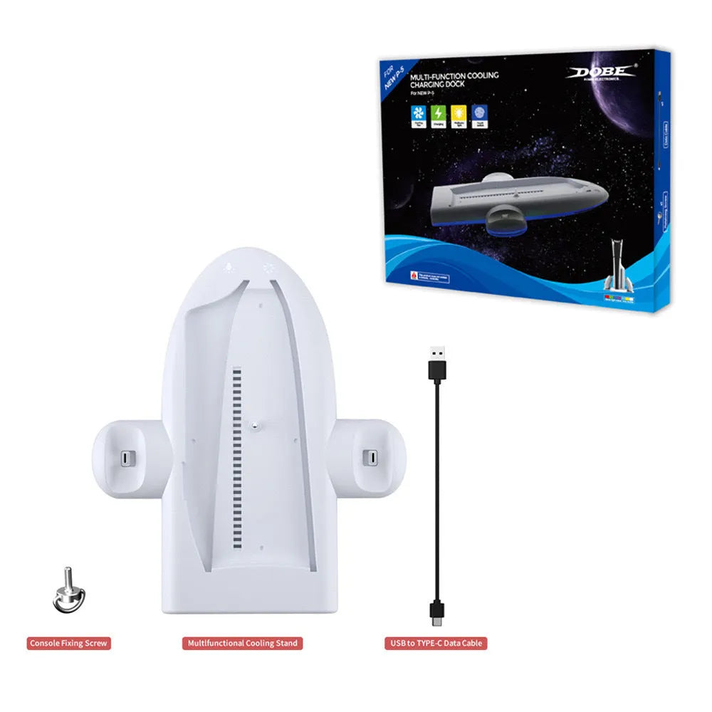 White PS5 Slim charging base with RGB ambient lights and integrated cooling fan.