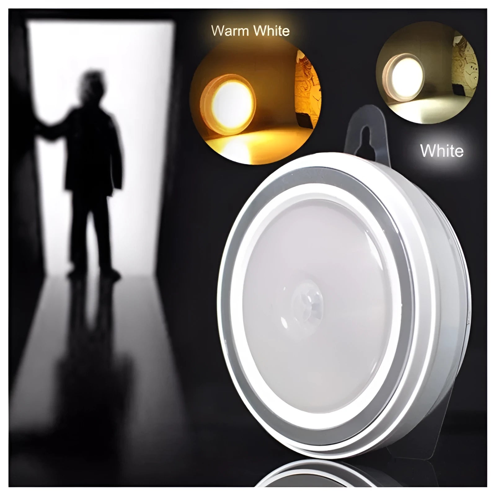 Circular white motion sensor LED light with infrared sensor, 80mm diameter, for wardrobe or corridor.
