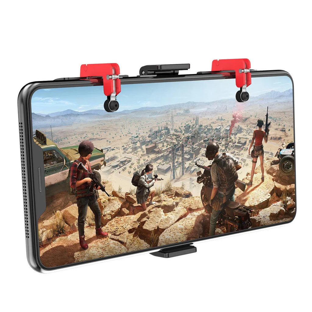 Black mobile phone gaming bracket with a trigger button and an extended telescopic phone clip.