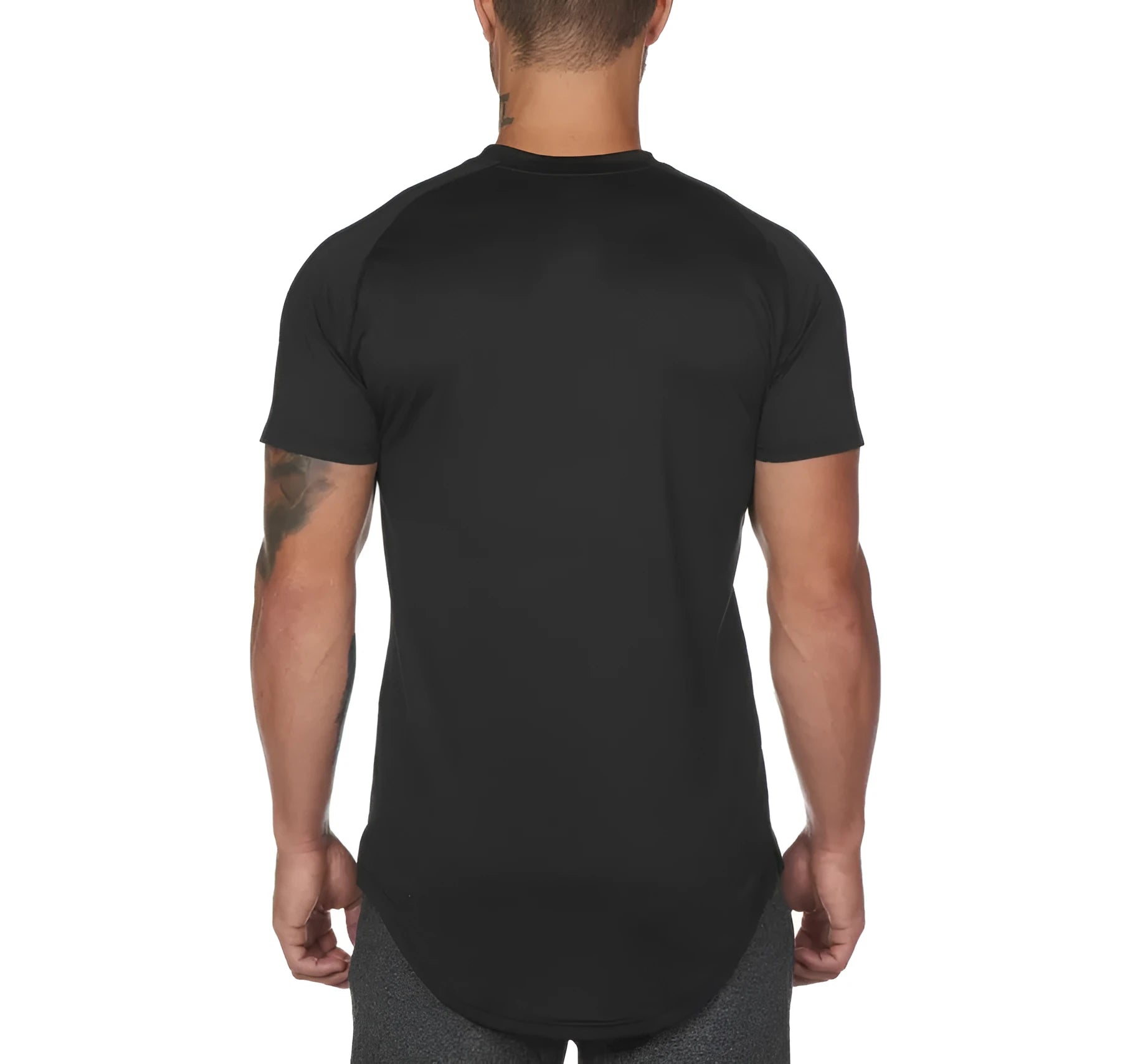 Plain men's fitness shirt in army green, made from cotton and spandex blend, shown on a hanger.