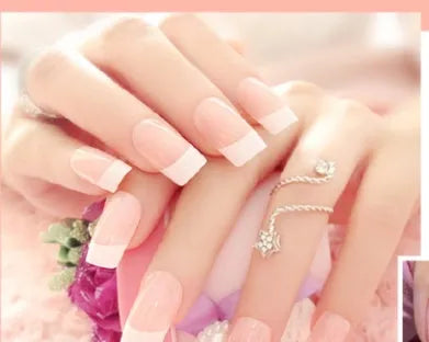Set of finished French long fake nail patches in light pink, rose red, and white