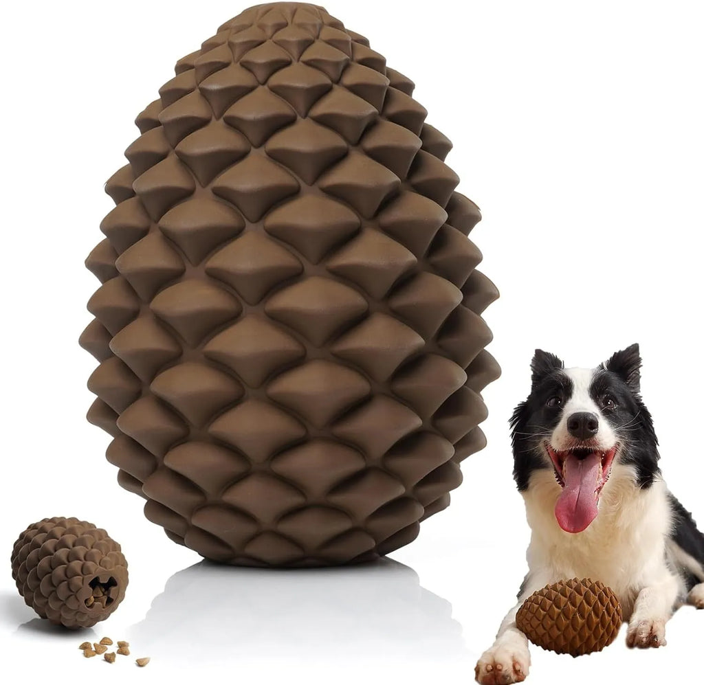 Yellow pine cone-shaped natural rubber dog chew toy with textured surface.