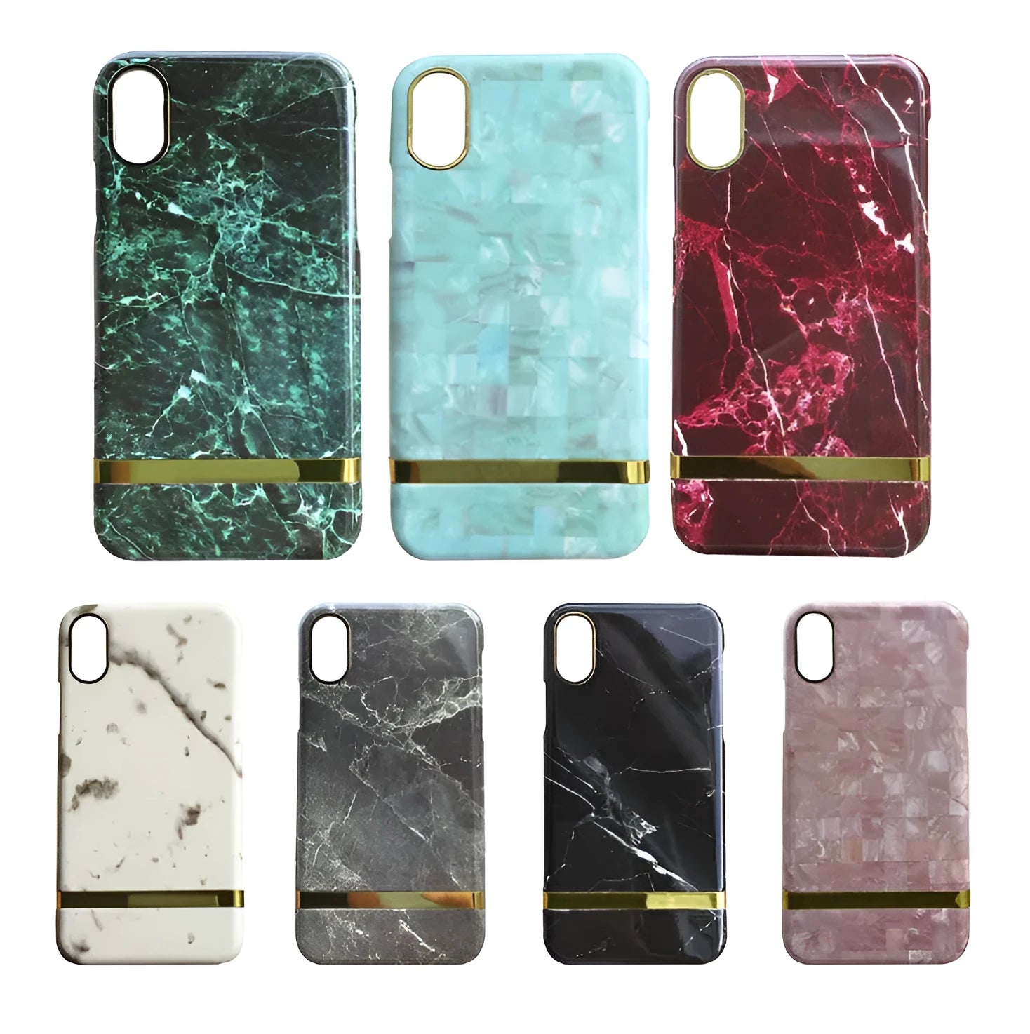 Plastic iPhone case with abstract marble pattern print in multiple colour options on a wooden table.