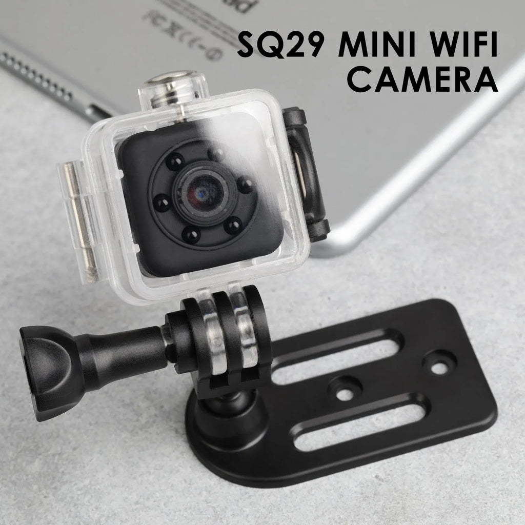 SQ29 black waterproof sports camera showing front view with lens.