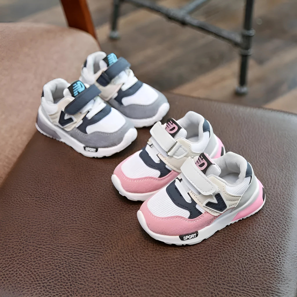 Girls summer mesh running shoes with TPR sole, grey colour, side view showing V-shaped design and breathable upper