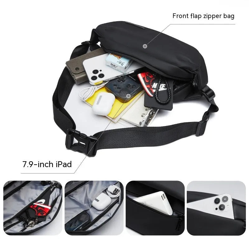 Black oxford cloth men's messenger bag with a one-shoulder cross-body strap.