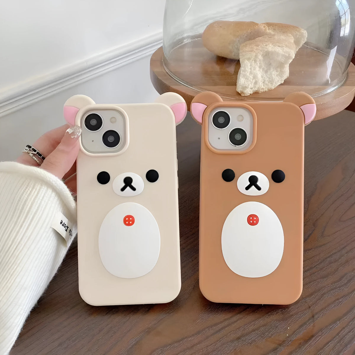 Brown and white cartoon silicone phone case with 3D relief for iPhone models