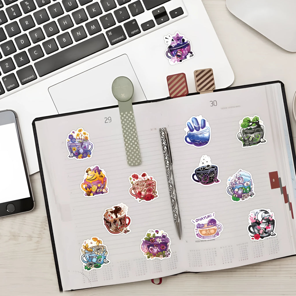 Set of 50 colourful tea cup graffiti waterproof stickers in Nordic style, laid out for display.