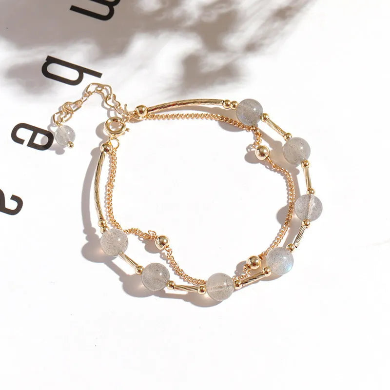 Korean-style women's crystal bracelet with double-layer moonstone design and copper tube framework