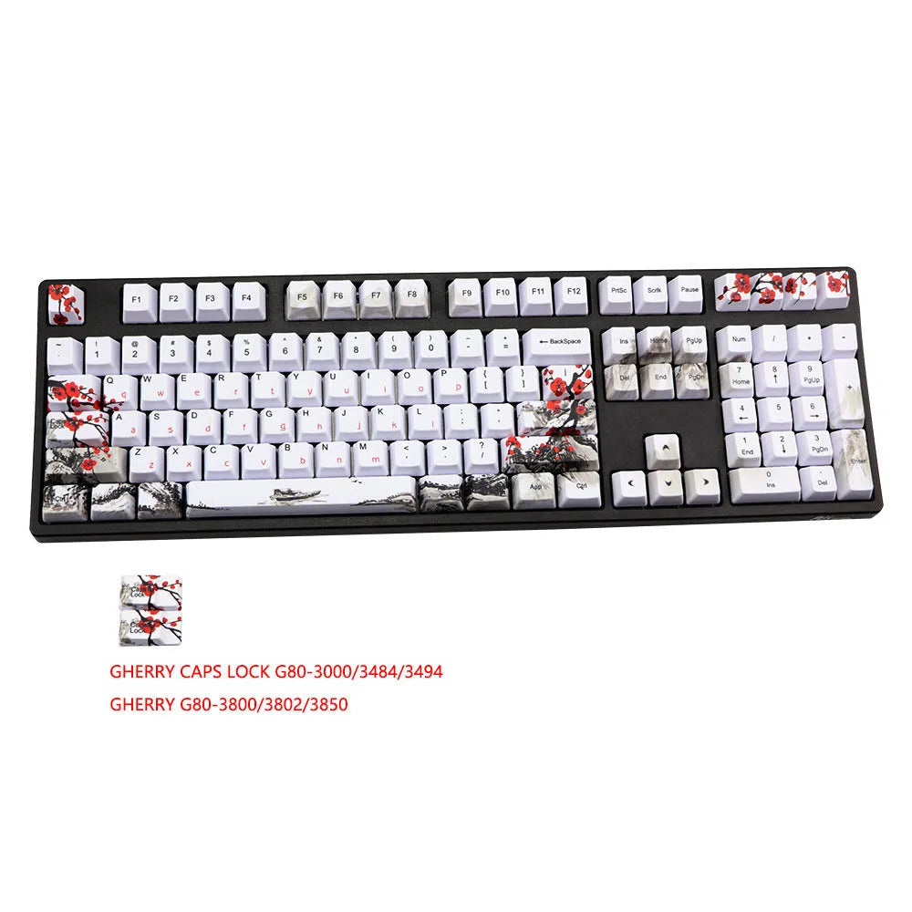 PBT Wangjiang plum blossom themed 109-key keycap set for mechanical keyboards, showing Korean and Japanese legends.