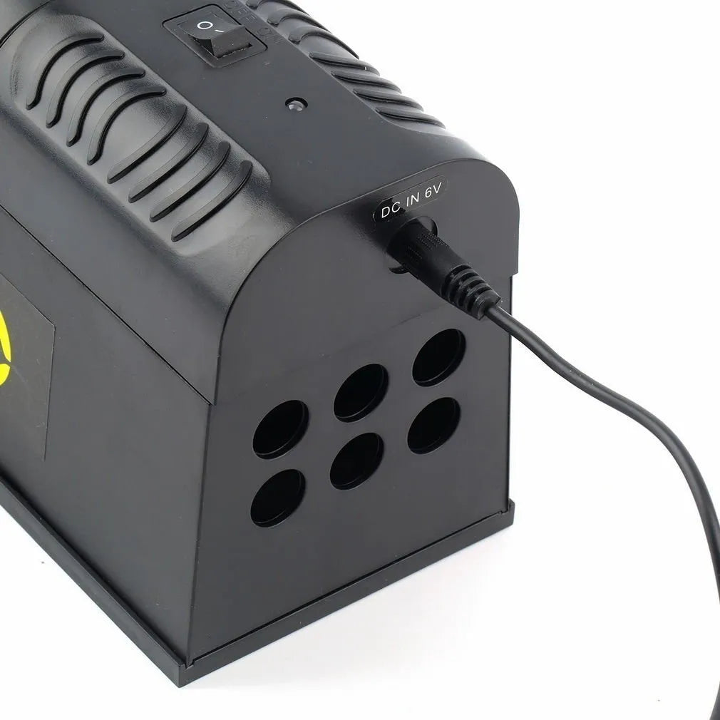 Black high voltage rodent killer device with multiple plug options showing 208mm length