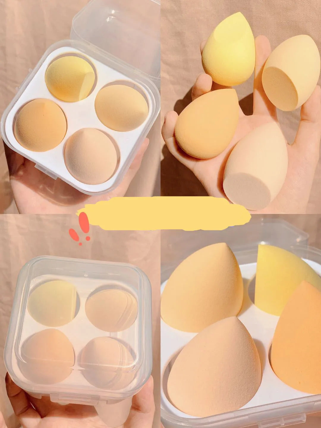 Makeup egg box with four synthetic sponge beauty eggs in different colours