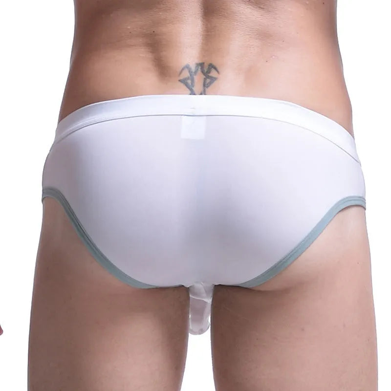 Men's ice silk bullet separation briefs in seven colours including army green, shown in mid-waist style.